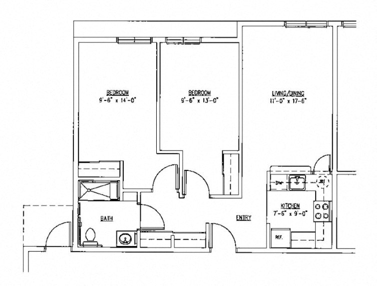 Floor plan for 2 beds, 1 bath, 833 sqft